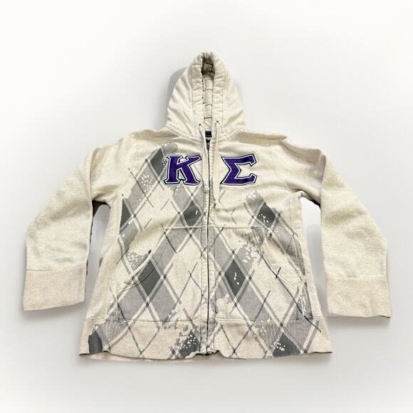 MV SPORT Mens Beige Cream Greek Letter “Corleone” Full Zip Heavy Hoodie Size L - Picture 1 of 9